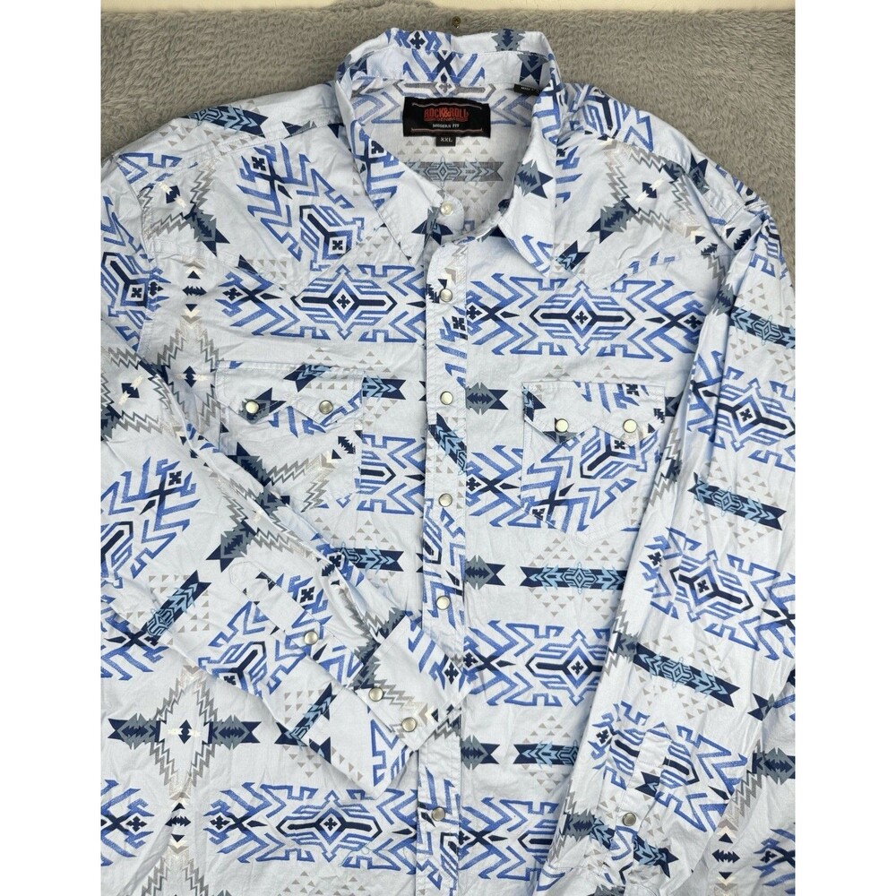 Rock & Roll Aztec Western Pearl Snap Shirt XXL Blue Southwestern Cowboy Rodeo